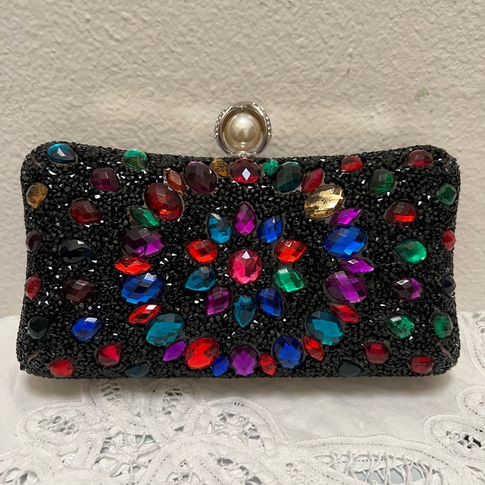 Black Evening Clutch with Gemstone Embellishments